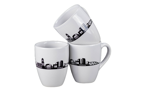 Keramische mok, wit v.z.v. Skyline Zwolle